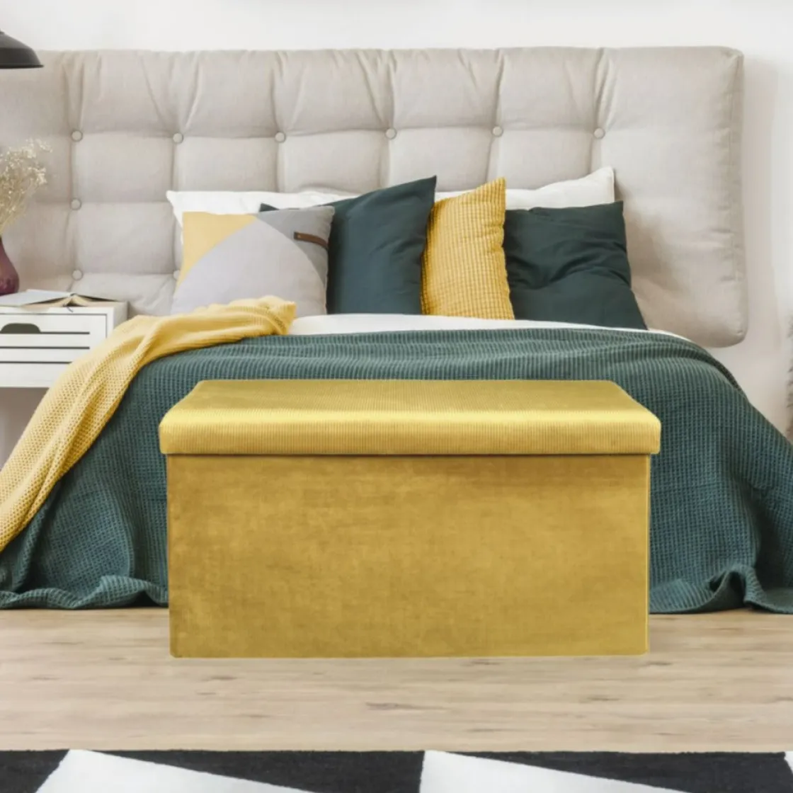 La Chaise Longue Mobilier-COFFRE BANC PLIABLE VELOURS COTELE GIULIA JAUNE