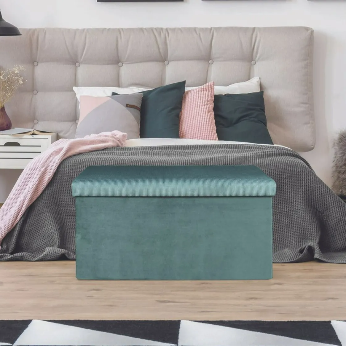 La Chaise Longue Mobilier-COFFRE BANC PLIABLE VELOURS COTELE GIULIA BLEU