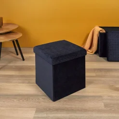 La Chaise Longue Mobilier-COFFRE POUF PLIABLE RETRO BLEU NUIT