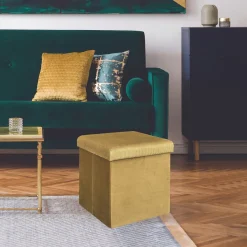 La Chaise Longue Mobilier-COFFRE POUF PLIABLE VELOURS COTELE GIULIA JAUNE