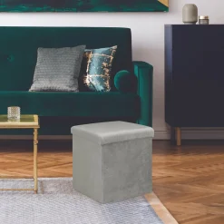 La Chaise Longue Mobilier-COFFRE POUF PLIABLE VELOURS COTELE GIULIA GRIS